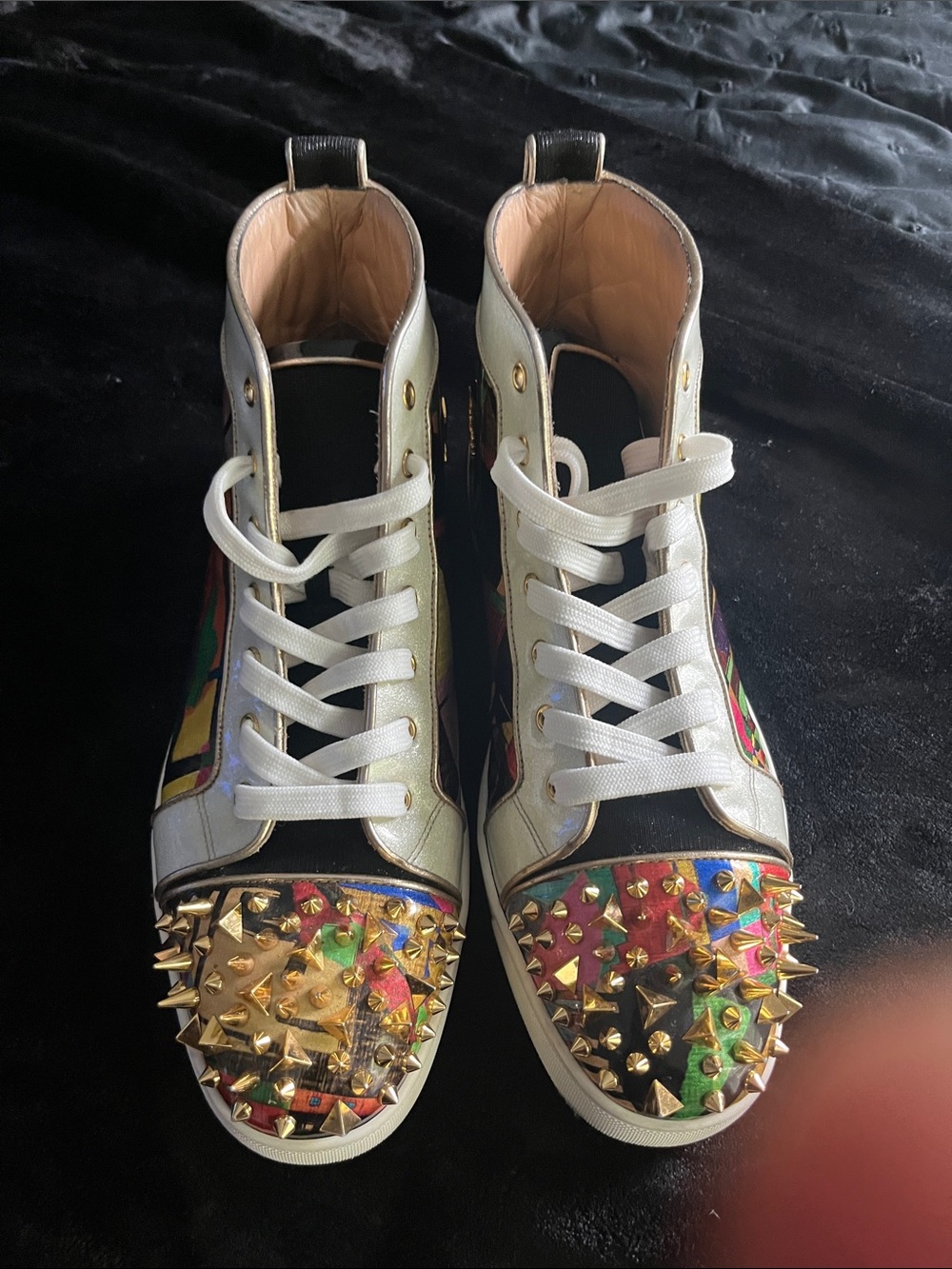 Christian Louboutin White High-Top Sneakers with Gold Spiked Multicolor Toe